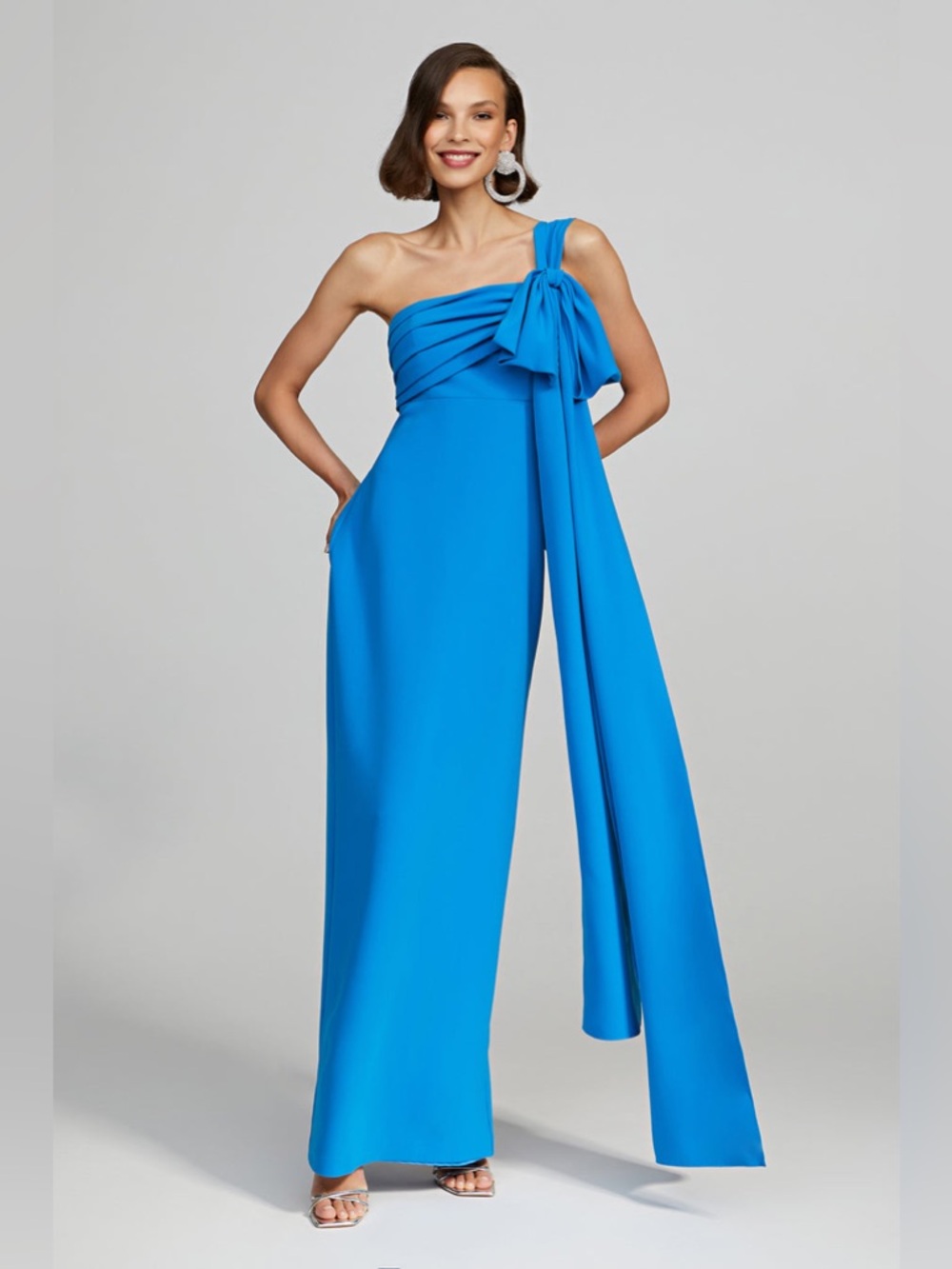 One-Shoulder Bright Blue Jumpsuit with Draped Bow